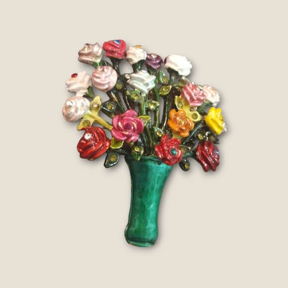 Vase of Roses Enameled Brooch - Picture 3 of 6